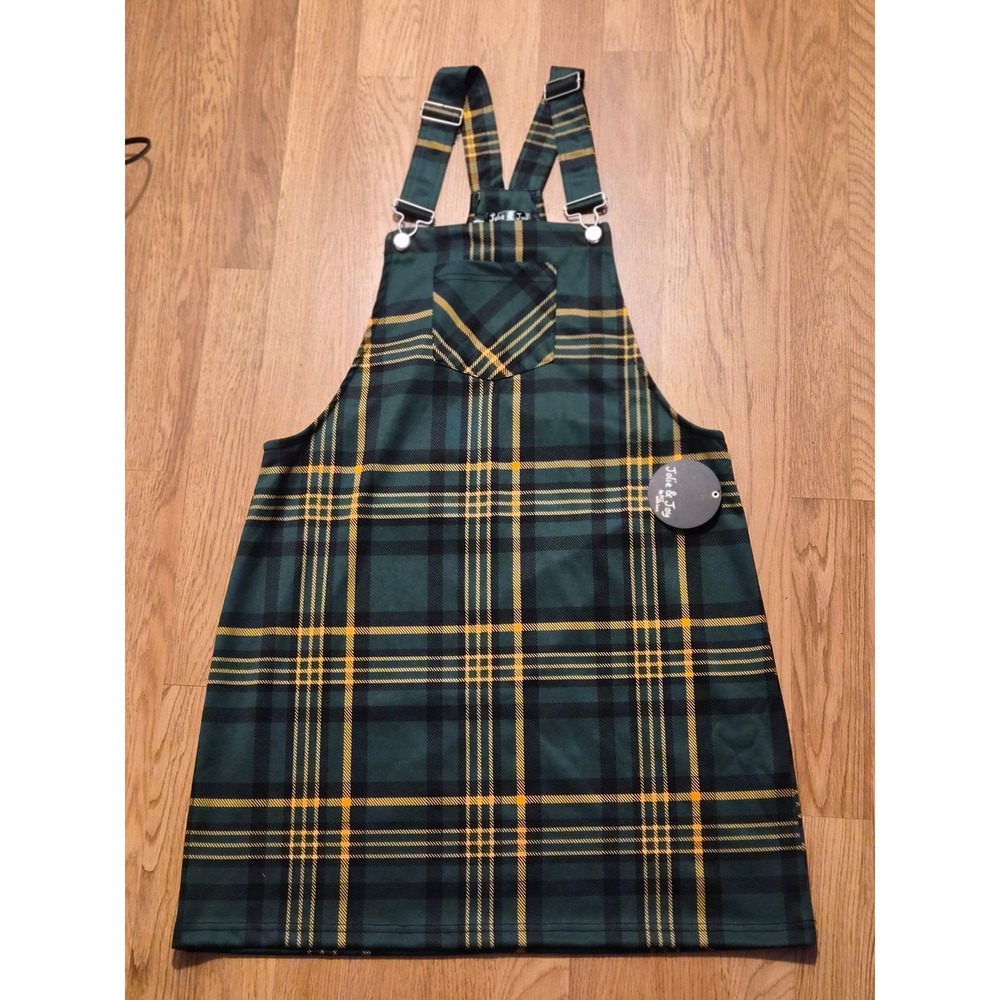Jolie & Joy Green Yellow Plaid Overall Dress Pinafore Bib Pocket XL NEW
